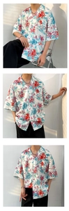 Three views of a vintage Hawaiian floral shirt with red and blue flowers on white base