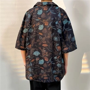 Hawaiian floral short sleeve shirt for men with colorful sea life print on black fabric