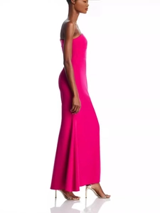 Elegant rose red off-shoulder slim fit evening gown with side slit and floor length