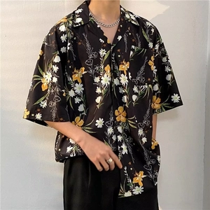 Men's loose Cuban collar Hawaiian shirt with yellow floral print on black fabric