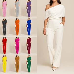 Women Elegant One Shoulder Wide Leg Jumpsuit High Waist Solid Color Commuting Long Pants Romper For Party Banquet Office