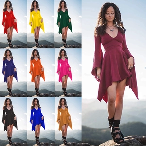 Women's Sexy Deep V Neck Asymmetrical Dress Slim Fit Long Bell Sleeve Ruffle Hem Plain Color Party Evening Prom Midi Dress