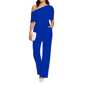 Elegant royal blue one-shoulder wide-leg jumpsuit with slimming waist for women