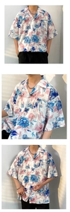 Detailed views of short sleeve floral shirt with Cuban collar and pink patterns