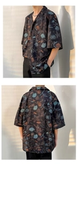Detail views showing front and back of Hawaiian black shirt with ocean life patterns