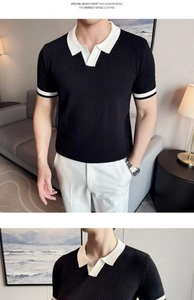 Detail of black waffle knit polo shirt with white contrast collar and V-neckline