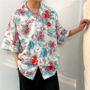 Retro Hawaiian short sleeve shirt with colorful floral print and loose fit style