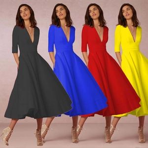 Robe Longue Élégante Col en V Demi Manches pour Femmes Taille Haute Ligne A Grande Robe Évasée de Soirée Avec Poches Couleur Unie Banquet Fête