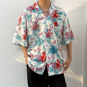 Men's retro Hawaiian floral short sleeve shirt with Cuban collar and red-blue prints