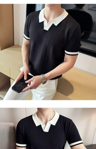 Detailed view of knitted polo shirt featuring V-shape texture and white contrast collar