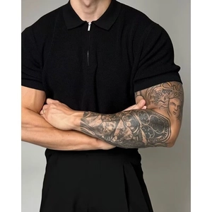 Men's slim fit black knit polo shirt with stylish zipper collar and vertical textures