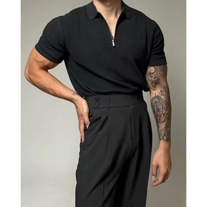 Slim fit black knitted polo shirt with quarter zip and vertical stripe texture for men