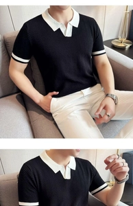 Detail of men's slim fit knit polo shirt showing contrast collar and wavy texture