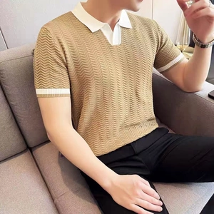Detail of knitted men's polo shirt featuring wavy texture and contrast tipping on sleeves