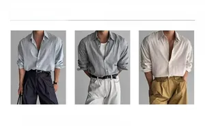 Dettaglio di tre camicie da lavoro vintage con strisce blu, grigie e beige chiaro
