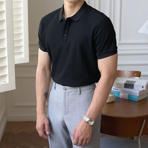 Polo Homme à Manches Courtes Nervuré Coupe Ajustée Haut en Tricot Business Décontracté Revers Mode Été Couleur Unie