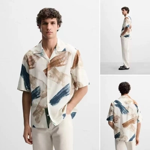 Men Artistic Abstract Oil Painting Print Short Sleeve Shirt Vintage Loose Casual Button Down Top Summer Fashion Clothing