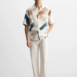 Artistic abstract print short sleeve shirt with casual lapel and retro painting design