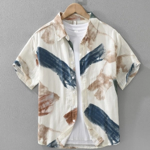 Men's retro oil painting print short sleeve shirt with abstract blue patterns