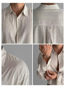 Dettagli della camicia da lavoro a righe in cotone e lino con colletto, pieghe e texture polsino