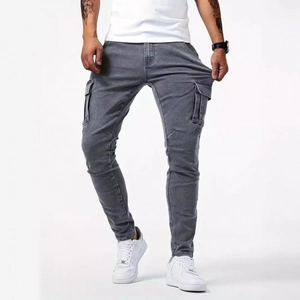 Jeans Cargo Slim Fit da Uomo in Denim di Cotone con Tasche Multiple Pantaloni Lavati Stile Britannico Casual per Uomo