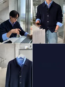 Detail des marineblauen Strick-Cardigans mit vertikaler Rippenstruktur und Knopfkragen