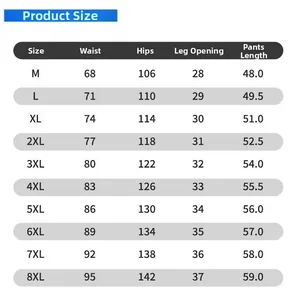 Detailed size chart for men ice silk cargo shorts ranging from size M to 8XL