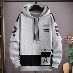 Sweat à Capuche Homme Rétro Américain Ample Streetwear Imprimé Lettres Bloc de Couleur Faux Deux Pièces Pull-over Avec Poche