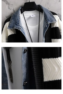 Makrodetail von Denim-Patchwork-Kragen und schwarz-weiß gestreifter Stricktextur