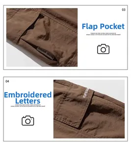 Detail of brown cargo shorts featuring flap pocket with woven label and FUFENG embroidery