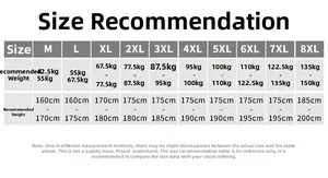 Size chart for summer cargo shorts covering sizes M to 8XL with height and weight guides