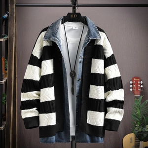 Herren Casual Denim Patchwork Lagenlook Strickjacke Pullover Jacke Vintage Gestreift Locker Langarm Strickwaren Top
