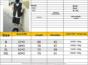 Detailed size chart for black multi-pocket utility vest showing measurements from M to 2XL