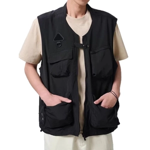 Men's black tactical cargo vest with multiple utility pockets and functional buckle closure