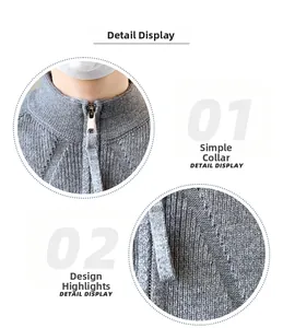 Vista macro dettagliata del cardigan in maglia grigia con trama ad alta densità e zip in metallo