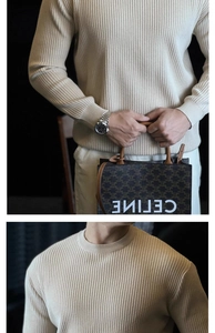 Macro detail of men's beige vertical striped knit sweater with round neck and ribbed texture
