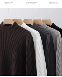 Close-up of ribbed knit texture on slim-fit turtleneck sweaters in various colors