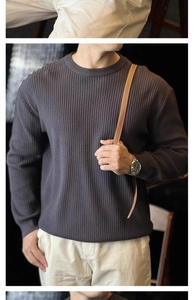 Detail shot of vertical ribbed texture and crew neck on a dark gray knitted sweater for men