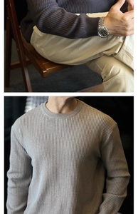Detailed knit texture of American vintage vertical striped crewneck sweater for men