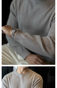 Close-up of ribbed texture and collar on taupe knit sweater for men with long sleeves