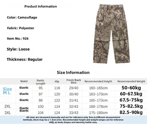 Tabella taglie per pantaloni cargo mimetici con misure, tessuto e dettagli vestibilità