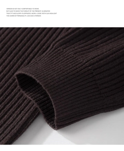 Macro view of ribbed knit cuffs on a premium chocolate brown turtleneck sweater