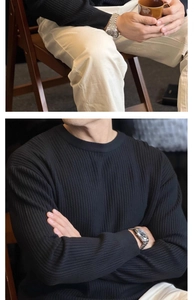 Close-up of black vertical stripe knit texture and ribbed crew neck on men's sweater