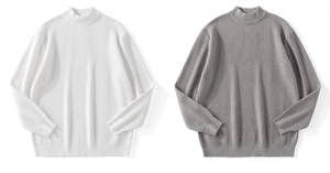 Detail of vertical ribbed texture on mock neck knit sweaters in white and light grey