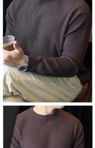 Detailed view of the dark brown ribbed knit crewneck and sleeve texture of this men sweater
