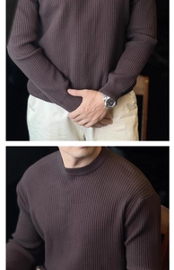 Macro detail of dark brown vertical ribbed knit sweater cuff and soft cotton blend texture