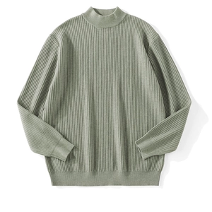 Sage green ribbed knit men's mock neck sweater with soft texture on white background