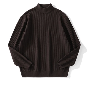 Men's dark brown mock neck knit sweater with vertical ribbed texture and loose fit
