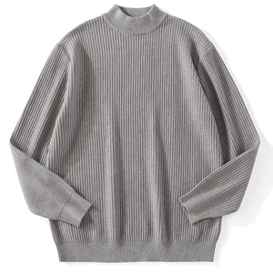Classic grey mock neck knit sweater for men with vertical ribbed texture and slim fit