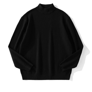 Men's black semi-high neck knitted sweater with vertical striped pattern in a loose fit